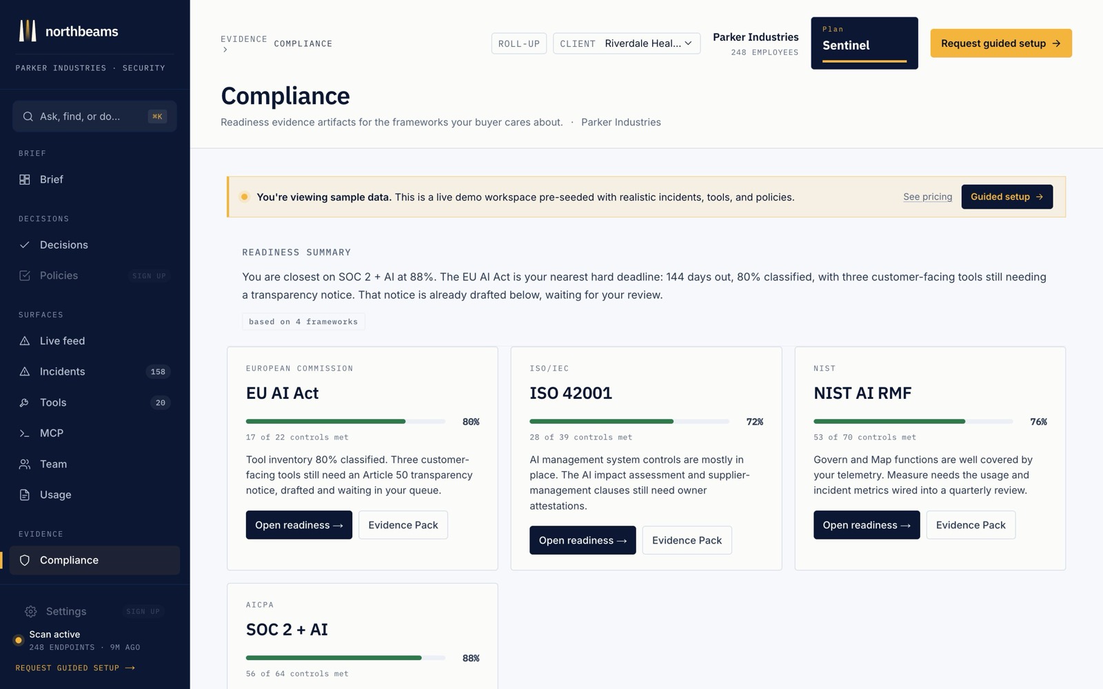 The Compliance page: readiness across the EU AI Act, ISO 42001, NIST AI RMF, and SOC 2, with the Evidence Pack export.