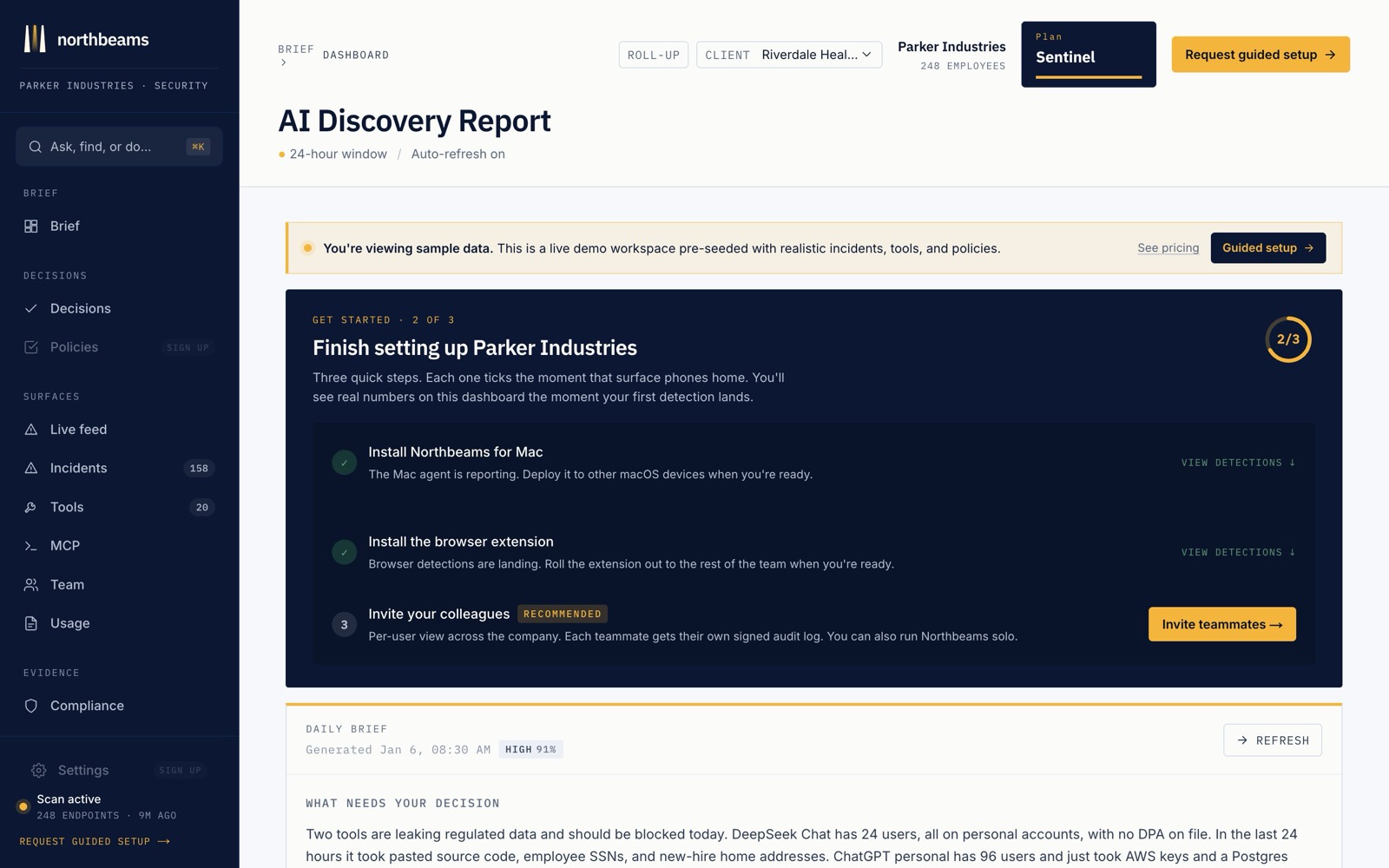 The Northbeams dashboard, showing your AI Discovery Report: the day's decisions, exposure, and a live activity feed.