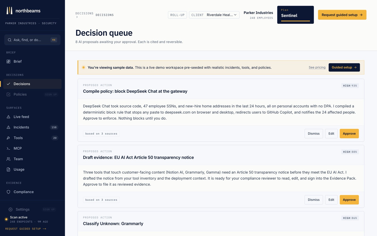 The Decisions view: each item explains why a tool is flagged and recommends an action, so you can decide in seconds.