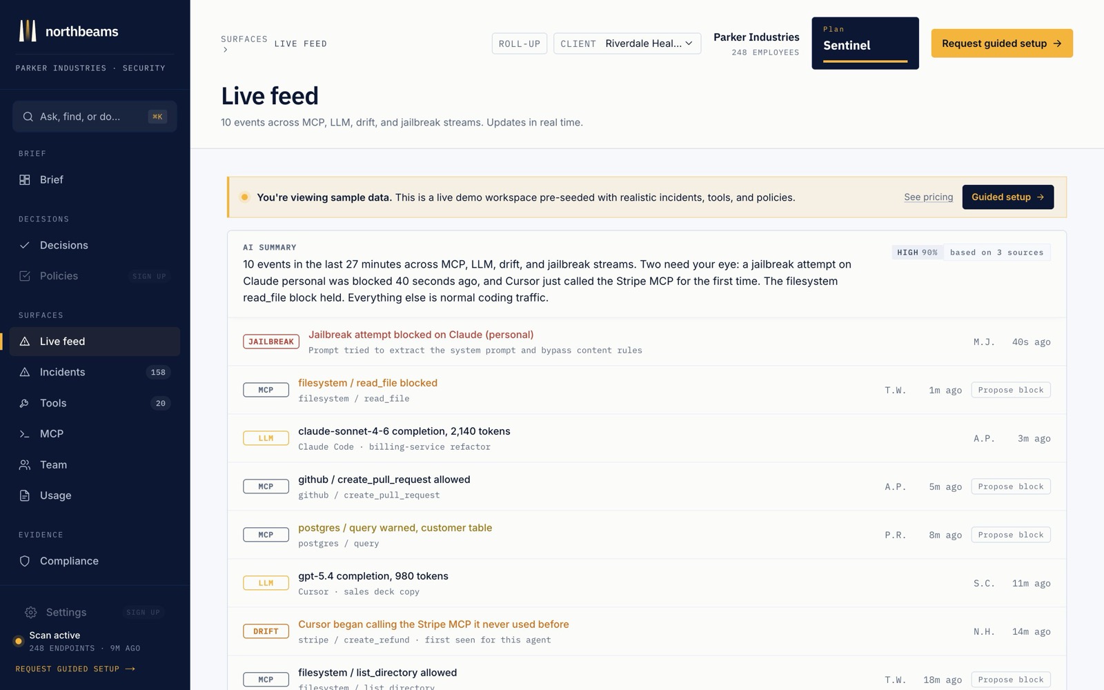 The Live feed: each row is one AI action, with the time, person, tool, what was involved, and the disposition.