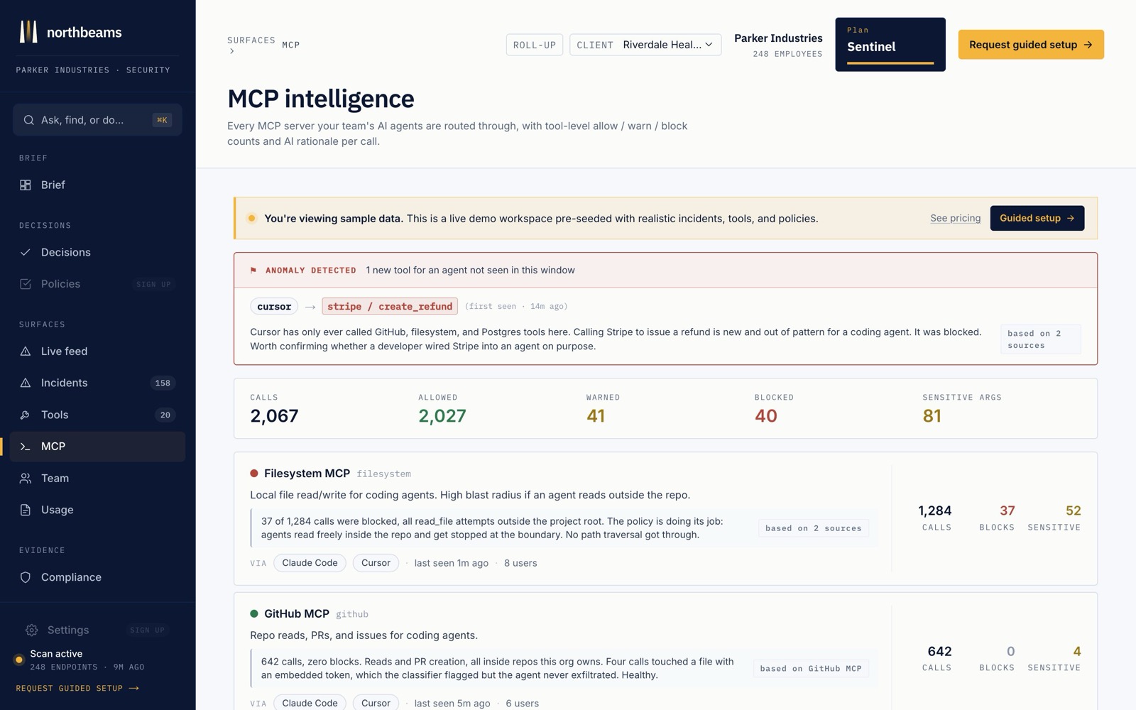 The MCP page: every MCP server and tool your agents call, with a per-tool allow, warn, or block policy.