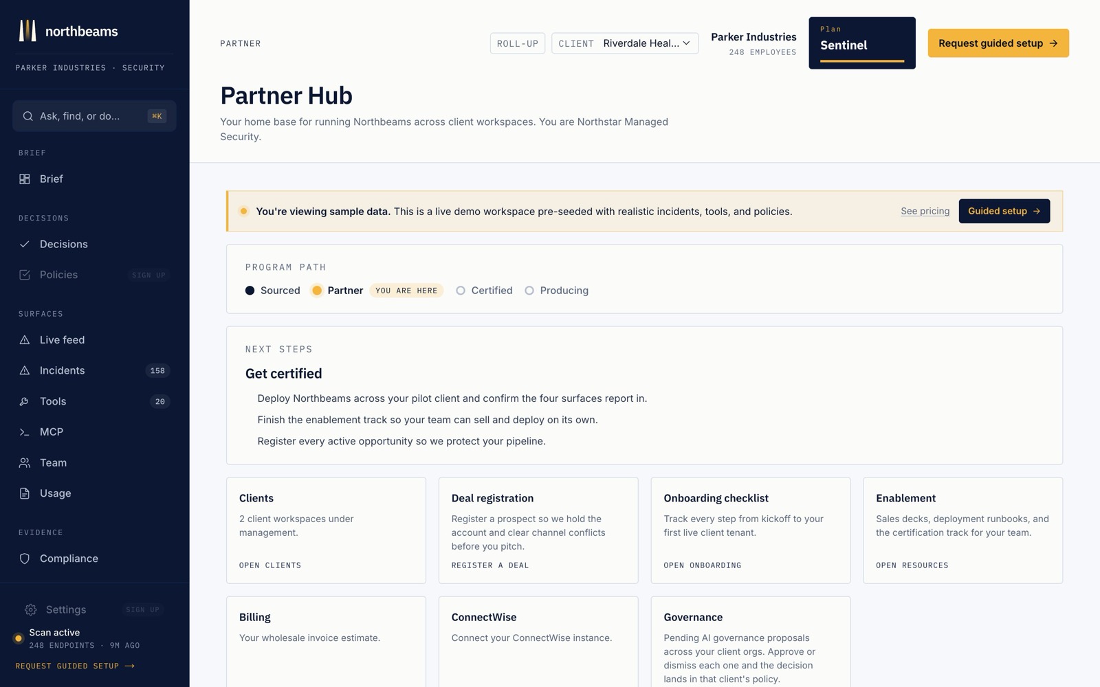 The Partner Hub: every client tenant in one console, with governance and Evidence rolled up across your book.
