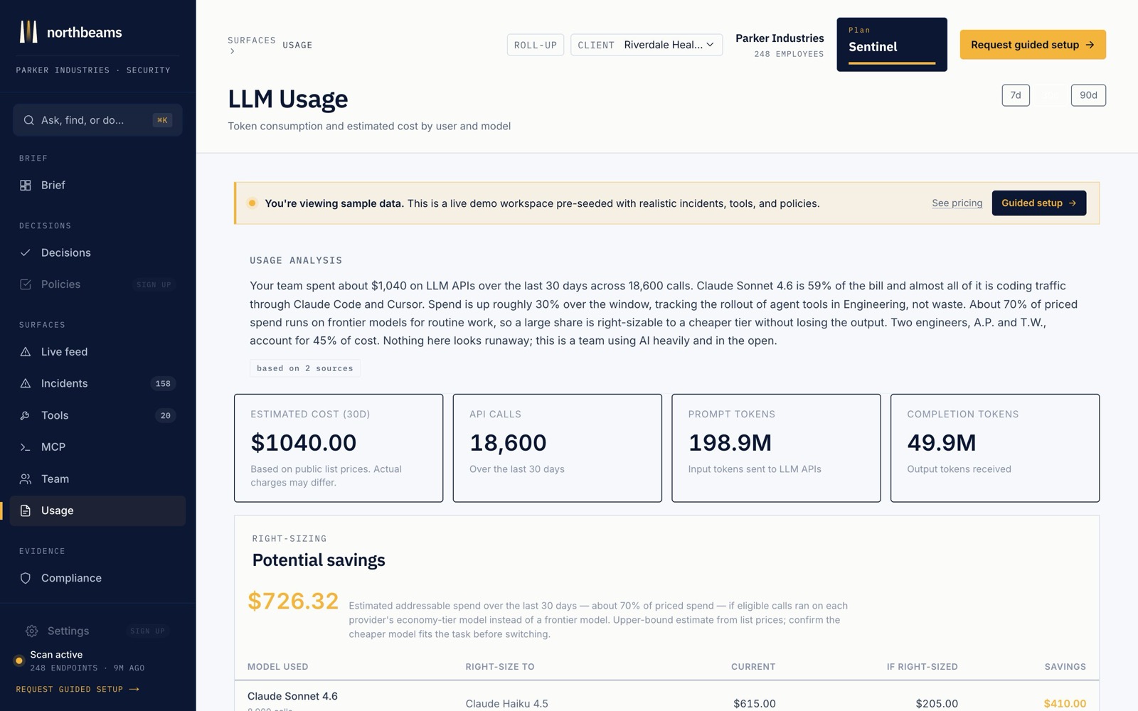 The Usage page: adoption and volume over time, the most-used tools, and how the trend is moving.